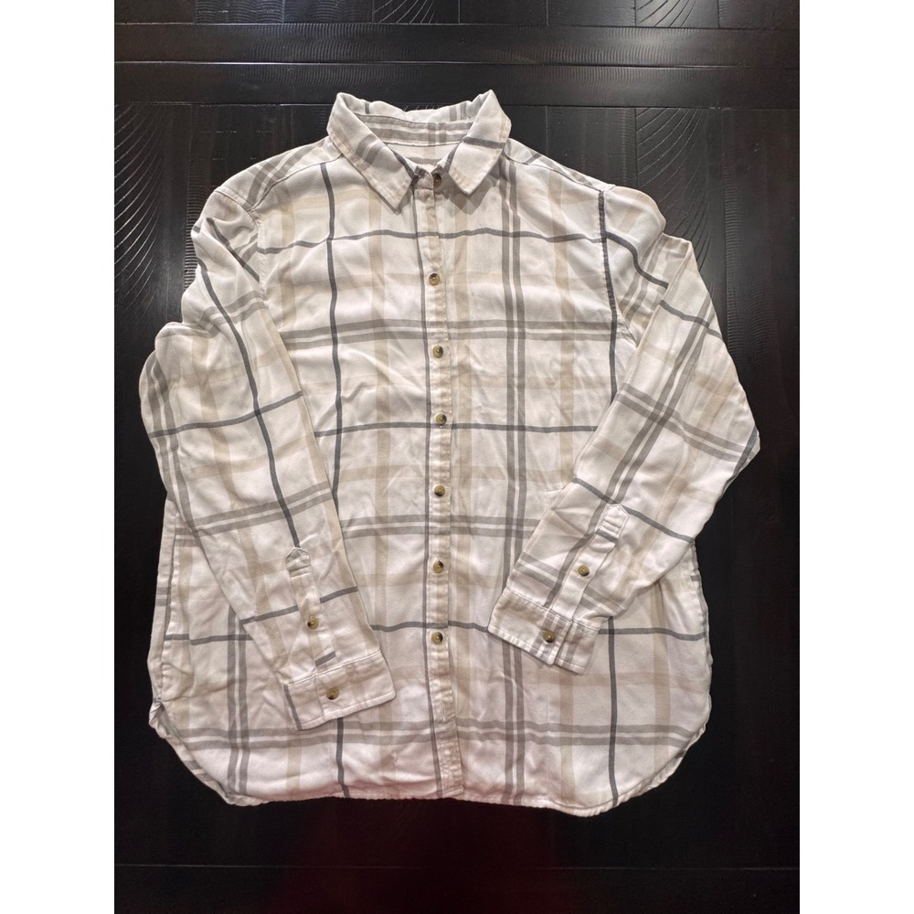 Jachs Girlfriend Womens Large Cream Tan Plaid Flannel Button Down Shirt L